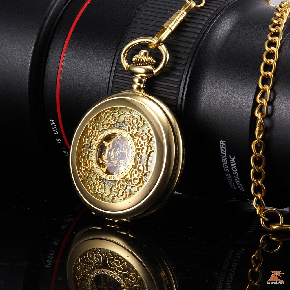 #Đồng hồ bỏ túi# Men Women Mechanical Pocket Watch Golden Hollow Carved Case with Chain