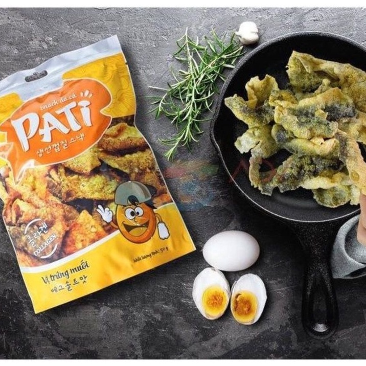 Snack da cá sấy khô Pati 2 vị trứng muối và ớt xanh 50g thơm giòn đậm vị tốt sức khỏe đạt chuẩn an toàn thực phẩm Angola