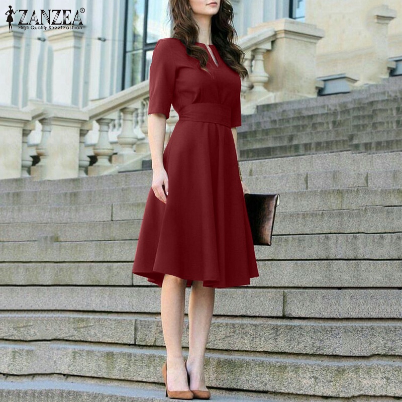 Đầm midi ZANZEA tay ngắn cổ chữ V dáng rộng có dây thắt lưng thời trang dành cho nữ