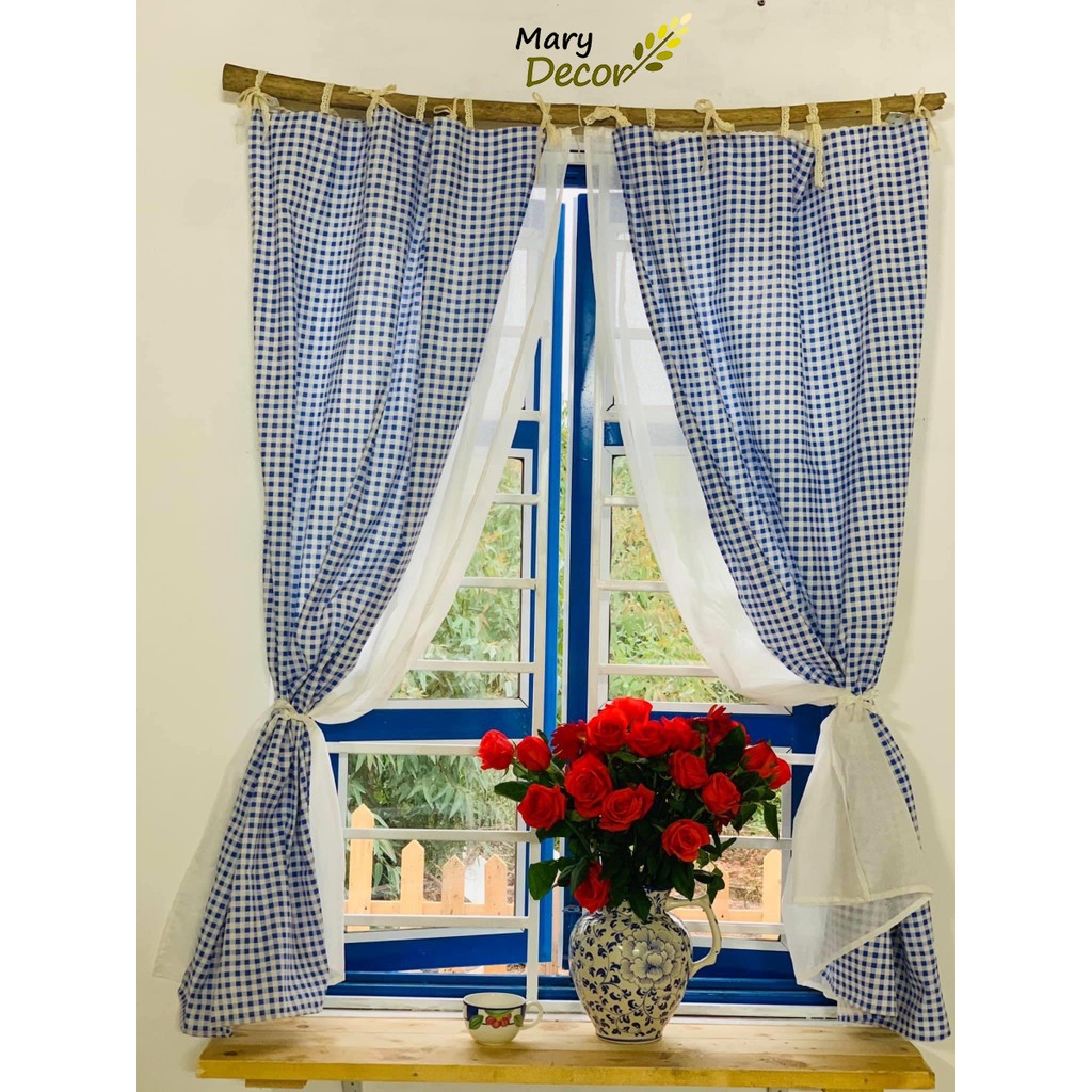 Vải bố linen đẹp may lều cho bé, trang trí phòng của bé - họa tiết caro xanh V-I03