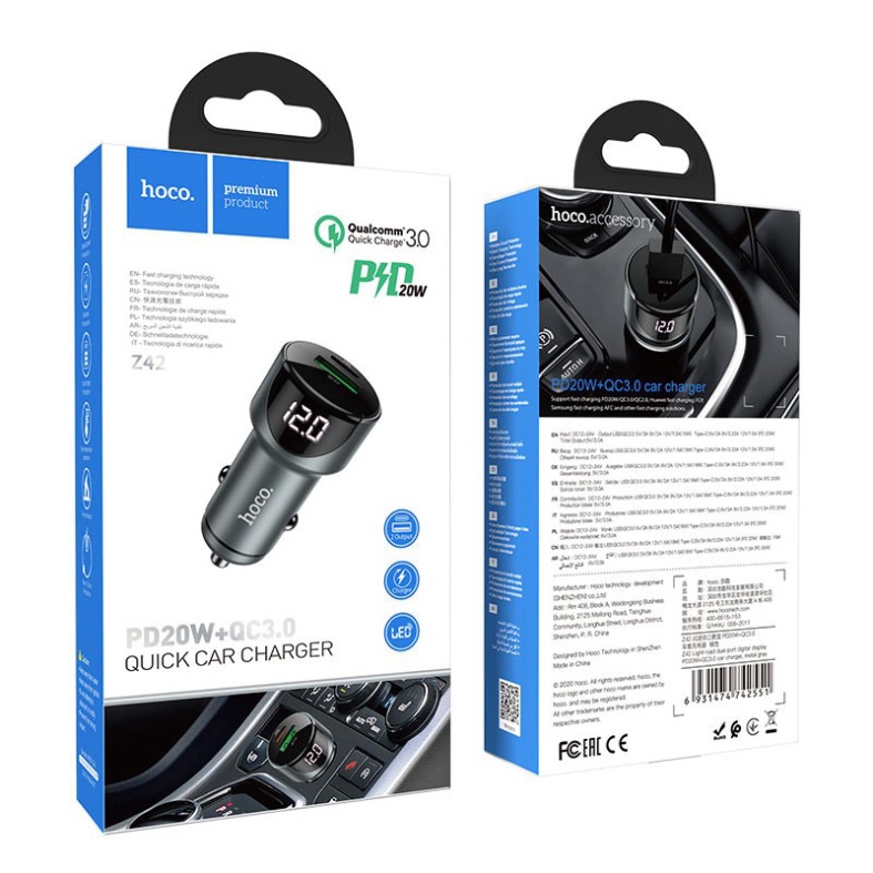 Cốc sạc ô tô / xe hơi Hoco Z42 hỗ trợ QC3.0 và PD20W - màn hình hiển thị điện áp (Màu Random) - Hãng phân phối