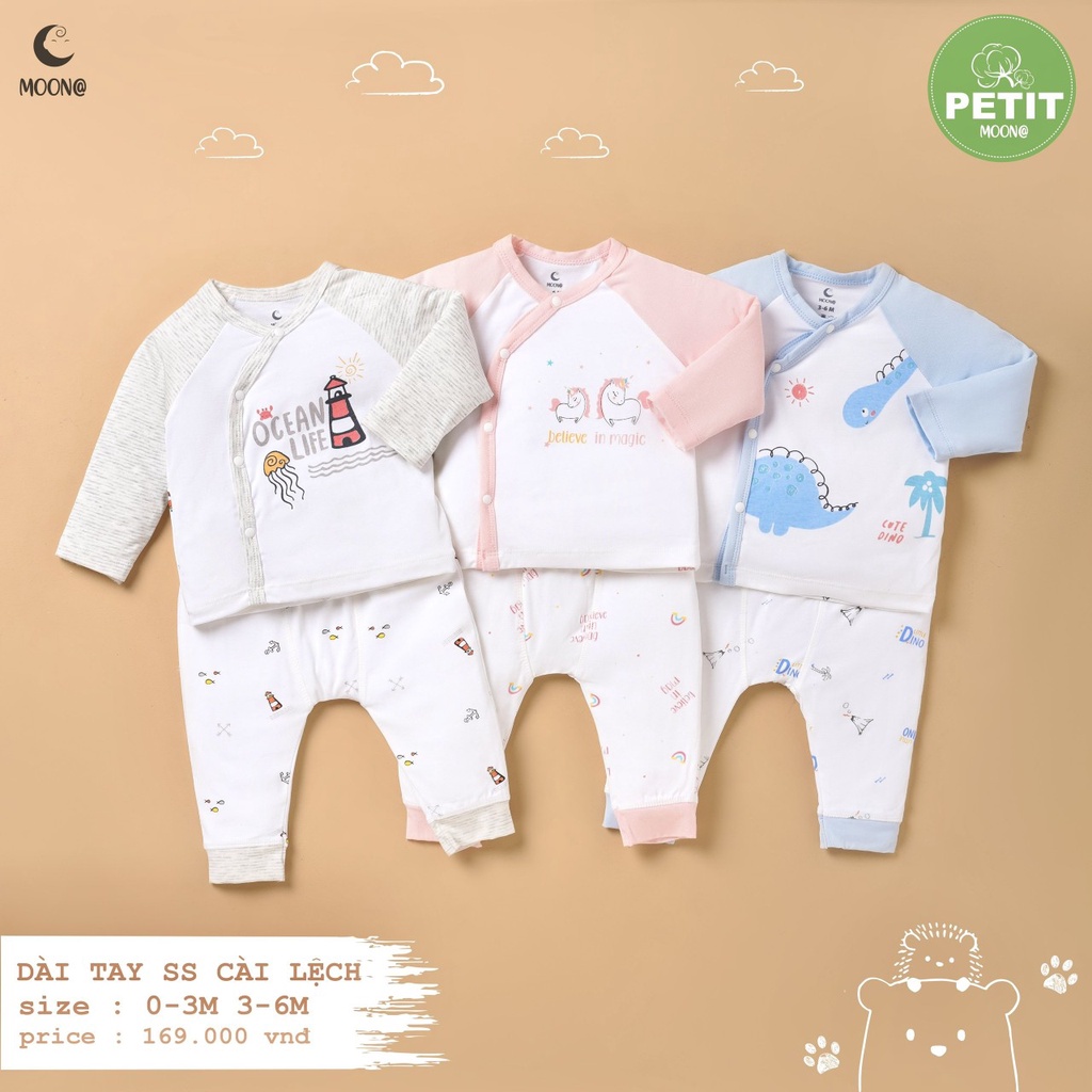 Bộ Quần Áo Sơ Sinh Dài Tay Moon Chất Petit Siêu Mềm Mại Cho Bé Sơ Sinh 0-3 Tháng và 3-6 Tháng Thị Nắng Store