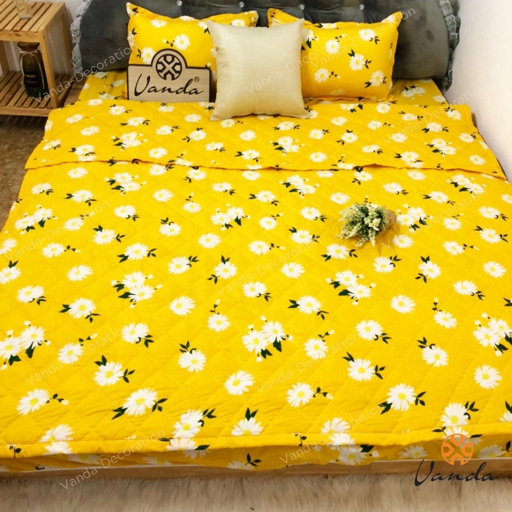 Bộ chăn hè Cotton Poly VN ga gối , drap giường họa tiết hoa cúc vàng