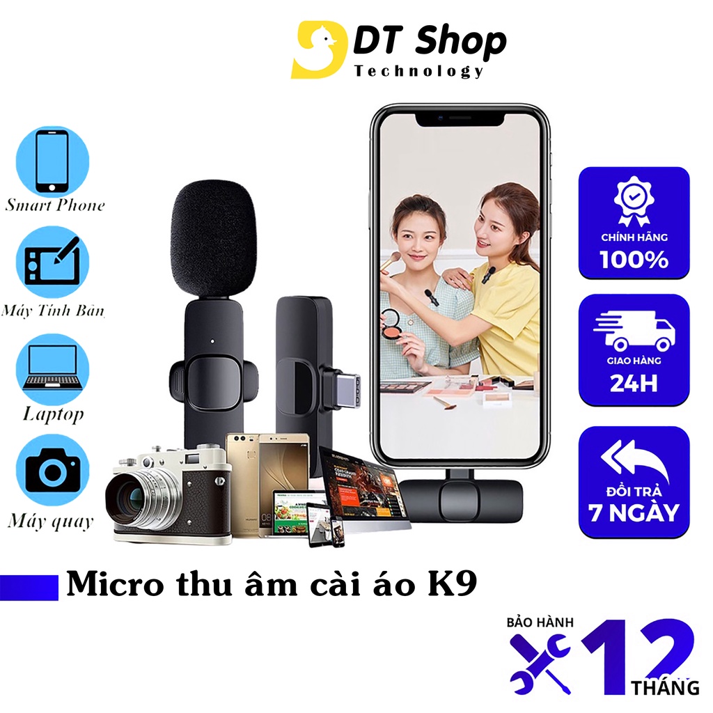 Micro thu âm không dây cài áo K9 - Lọc chất âm, khử ồn cực tốt dùng cho IOS & Android, hỗ trợ livestream, quay video