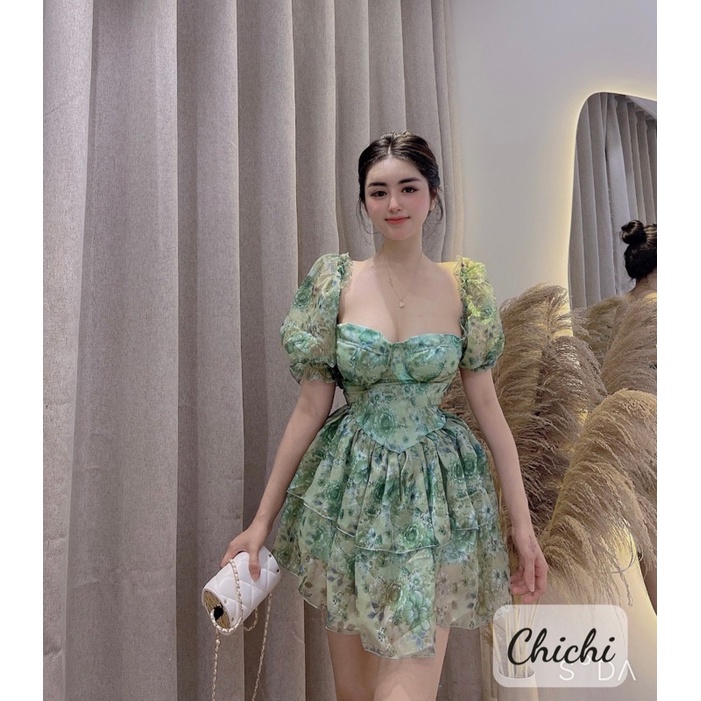 Váy hoa voan cộc tay hở lưng