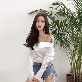 Áo sơ mi tay dài bẹt vai hở gợi cảm phối 2 dây đeo xích ulzzang ( 3 màu ) big size