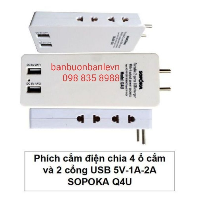 Phích cắm điện chia 4 ổ cắm và tích hợp 2 cổng USB 5V-2A  SOPOKA Q4U