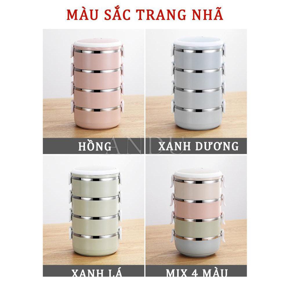 Hộp Đựng Cơm Văn Phòng Giữ Nhiệt 4 Tầng, Cặp Lồng Đựng Cơm Bằng Lúa Mạch Lõi Inox Cao Cấp Tiện Dụng