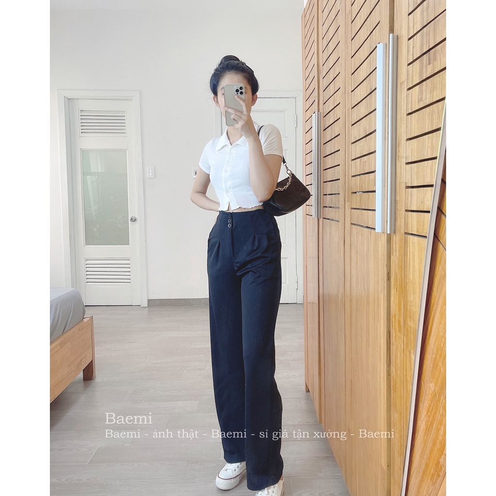 Quần suông dài ống rộng, quần đen lưng cao, vải mát không nhăn, phong cách Hàn Quốc - S/M/L
