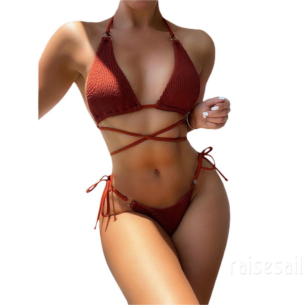 Rs Bộ Đồ Bơi Hai Mảnh Màu Trơn Cổ Yếm + Quần Short Thắt Dây Dành Cho Bạn Nữ