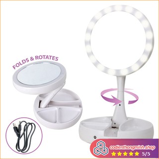 Gương trang điểm gấp gọn [ FREE SHIP ]  viền đèn LED sạc điện phóng đại lật 2 mặt xoay 360