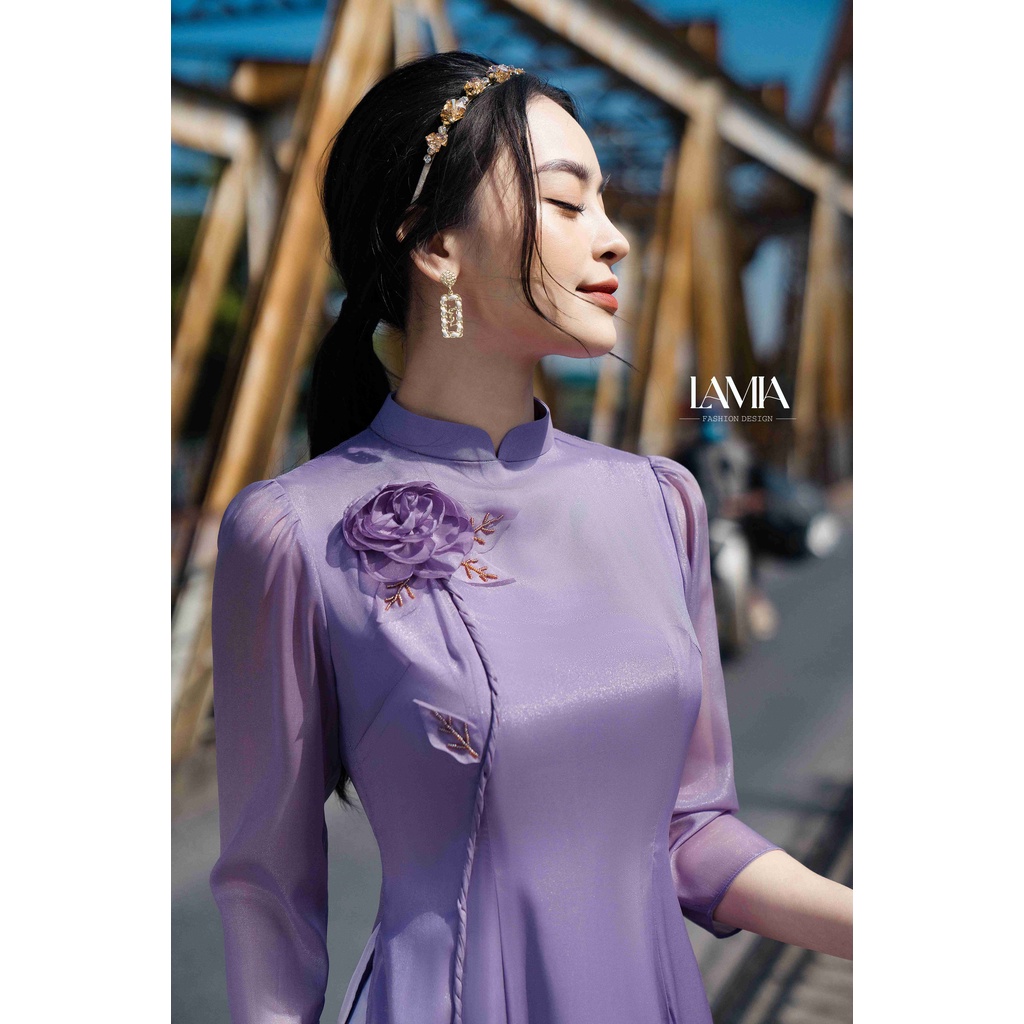 SET ÁO DÀI TƠ ÓNG PHỐI LỤA CÀI HOA NỔI LAMIA DESIGN AD056