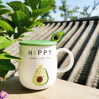 [SẴN] Cốc sứ có nắp và muỗng hình quả bơ, họa tiết cá, ly uống nước: 1.2.13