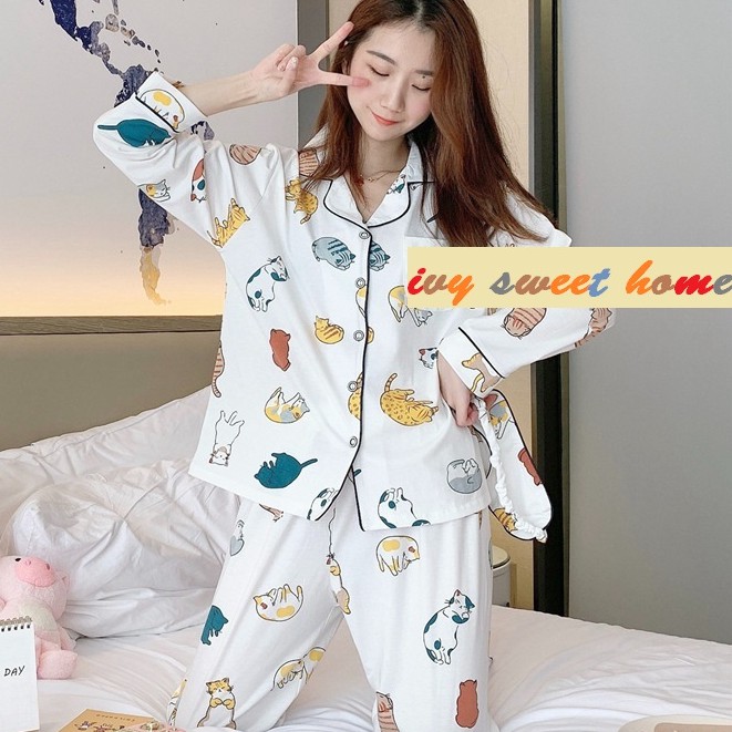 Bộ đồ ngủ nữ dài tay Vải Cotton Xinh Xắn Cho Nữ IVY618 Pijama Nữ quần dài Co Giãn Thoải Mái