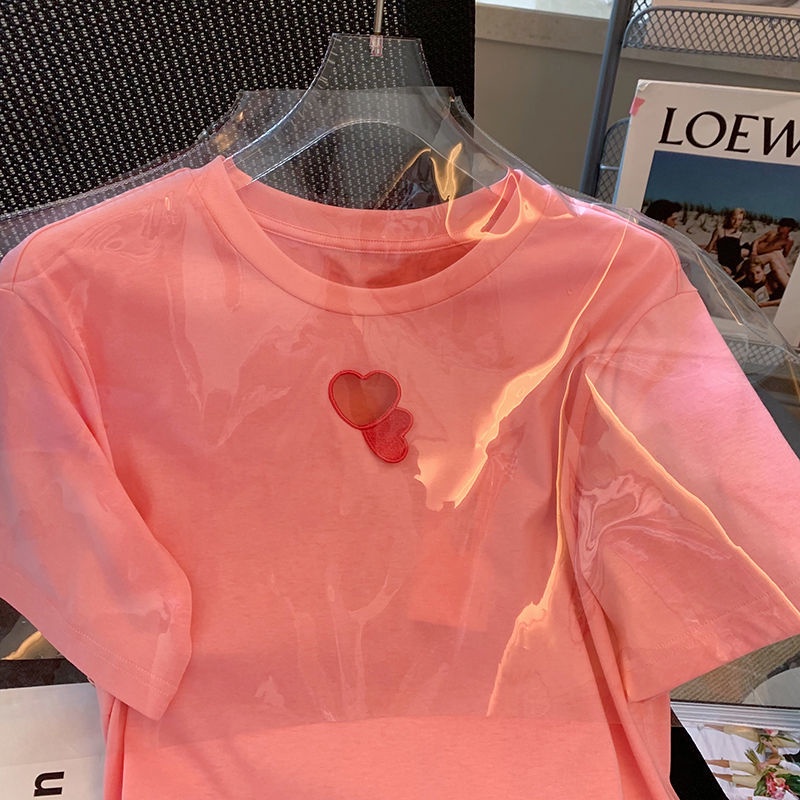 Áo Thun Nữ Ngắn Tay In Hình Trái Tim Màu Hồng Dễ Thương