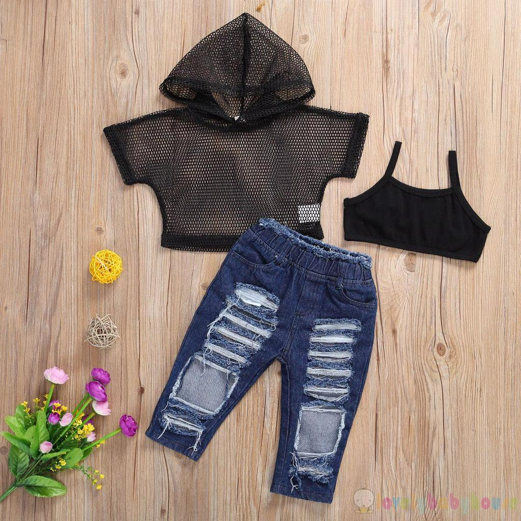Bộ 3 Món Gồm Áo Thun + Áo Mũ Trùm + Quần Jean Rách Cho Bé Gái