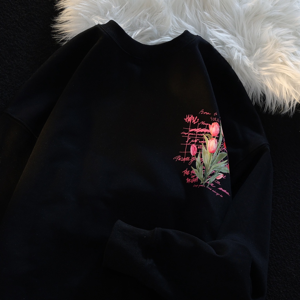 Áo sweatshirt ZHELIHANGFEI tay dài in họa tiết hoa tulip phong cách đi học dễ phối đồ ngọt ngào dành cho nữ