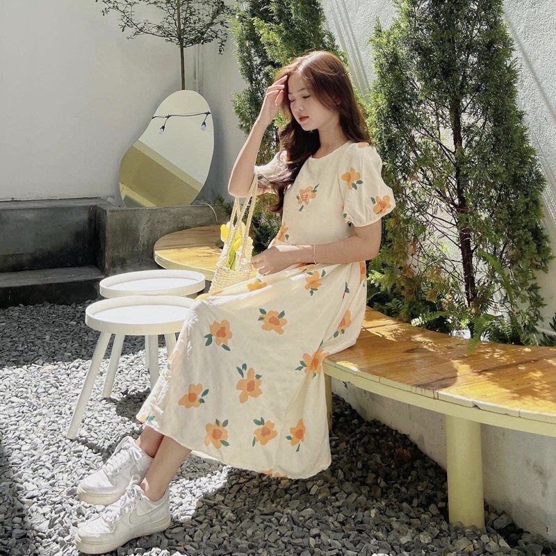 Váy Babydoll hoa cam tay bồng chất đũi xốp Pea Store - Đầm hoa dáng dài đũi xốp xinh xắn