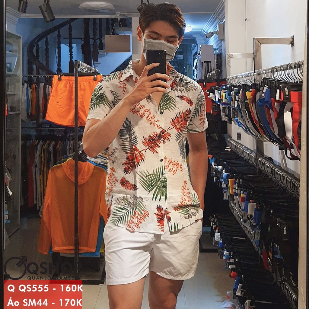 Áo sơ mi đi biển hoa lá trái cây vải đũi QSHOP