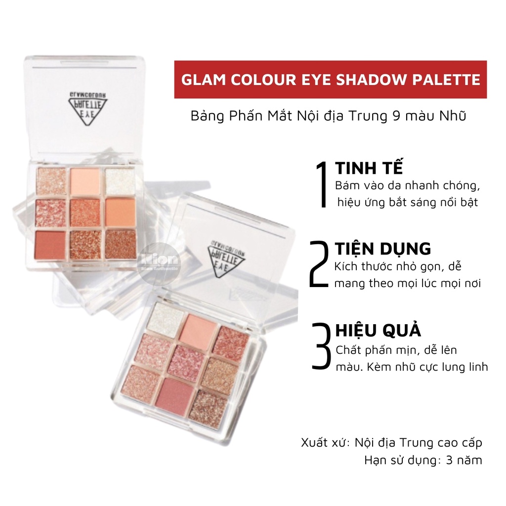 Bảng Phấn Mắt  Glam Colour Eye Shadow Palette Nội địa Trung cao cấp  9 màu Nhũ kèm gương tiện lợi