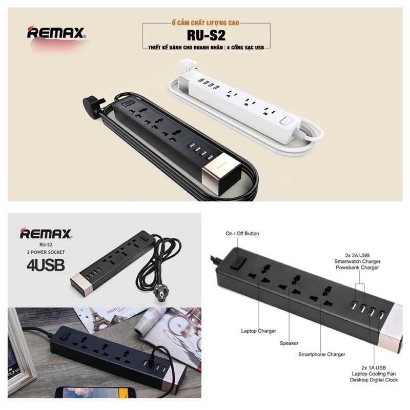 Ổ Cắm Điện Remax RU-S2 Kiêm Cốc Sạc 4 cổng USB - BH 6 tháng