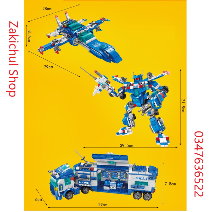 [700 CHI TIẾT] Bộ Đồ Chơi Lắp Ráp Xếp Hình LEGO Xe Cảnh Sát, Máy Bay Chiến Đấu, RoBot Biến Hình, Biệt Đội SWAT