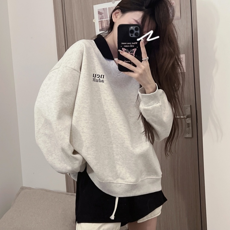 ZHELIHANGFEI Áo Thun Nỉ Tay Dài Có Cổ Dáng Rộng In Họa Tiết Phong Cách Preppy