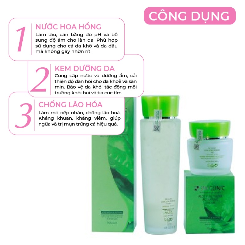 Bộ dưỡng ẩm dưỡng trắng da chiết xuất Lô Hội 3W CLINIC Hàn Quốc [Nước Hoa Hồng + Kem Dưỡng]