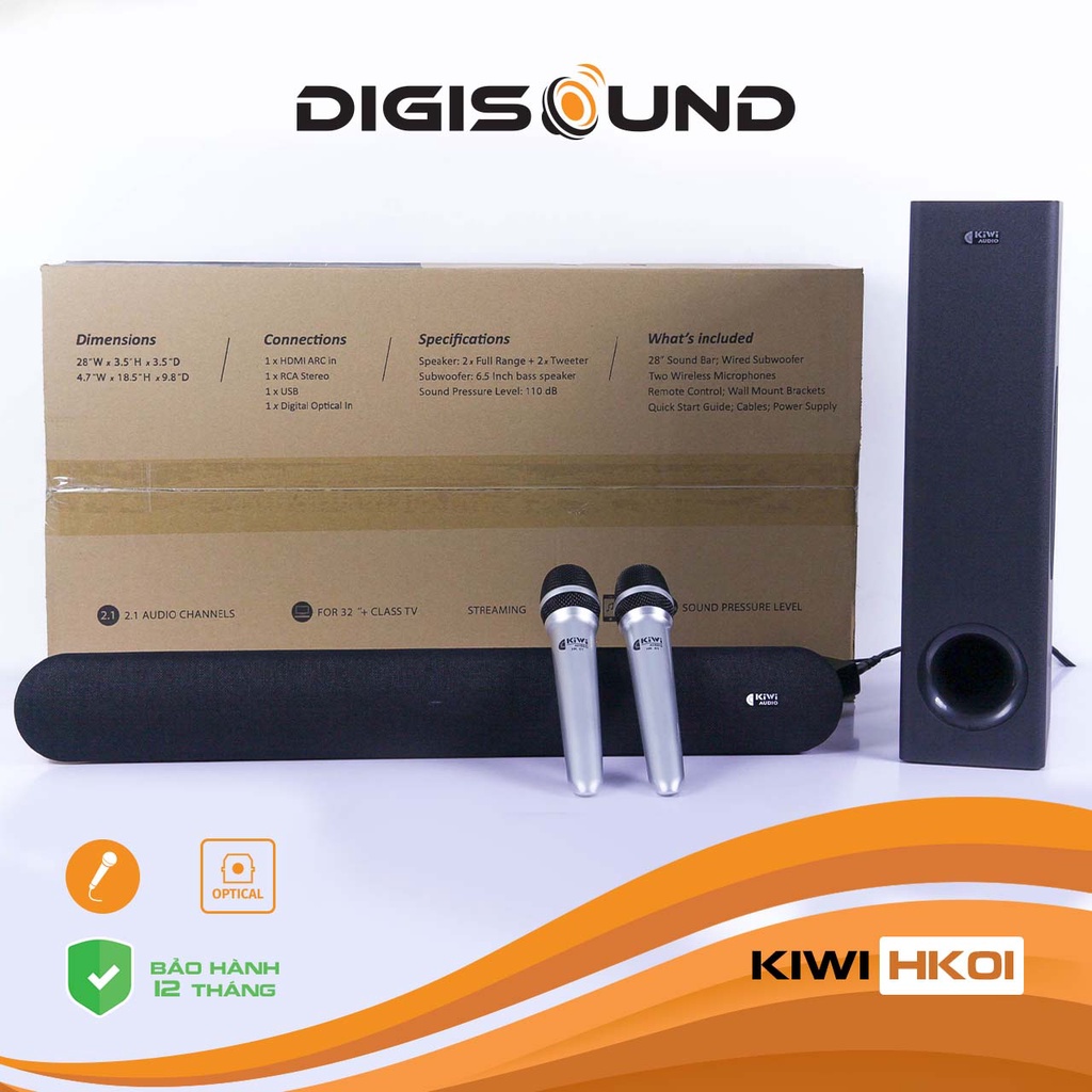 Loa soundbar karaoke Kiwi HK01 kèm 2 micro được trang bị 2 driver tweeter và 2 driver toàn dải, kết nối đa dạng