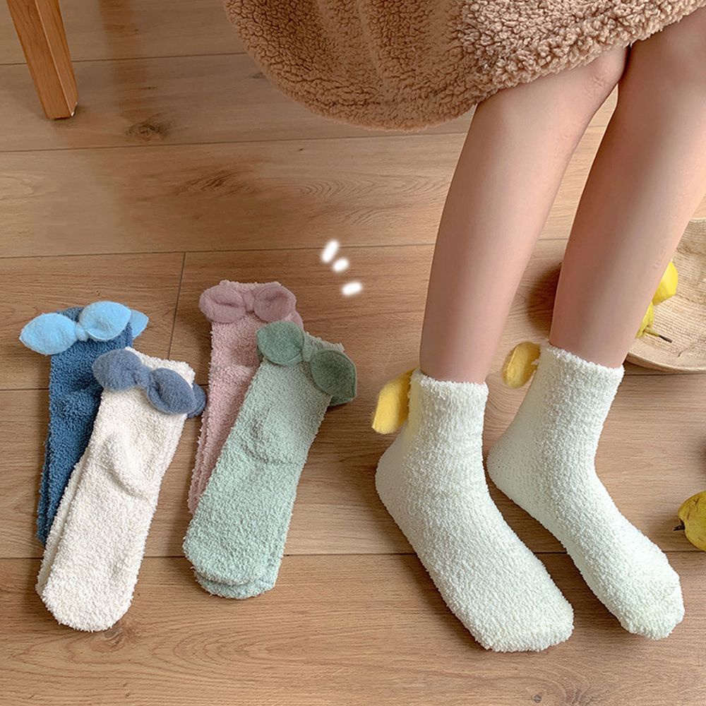 Vớ ngủ TAYLOR1 vải lông cừu san hô dày màu trơn đính nơ đáng yêu giữ ấm nhiều màu sắc cho nữ