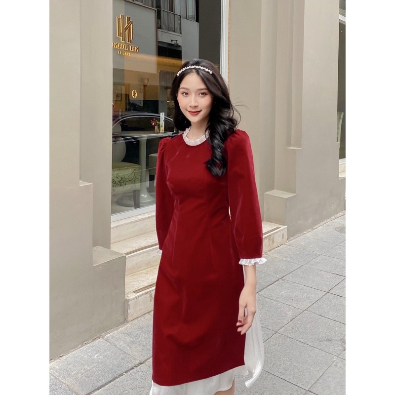 SET Áo dài đỏ nhung cổ bèo kèm chân váy lụa mềm trắng | WebRaoVat - webraovat.net.vn