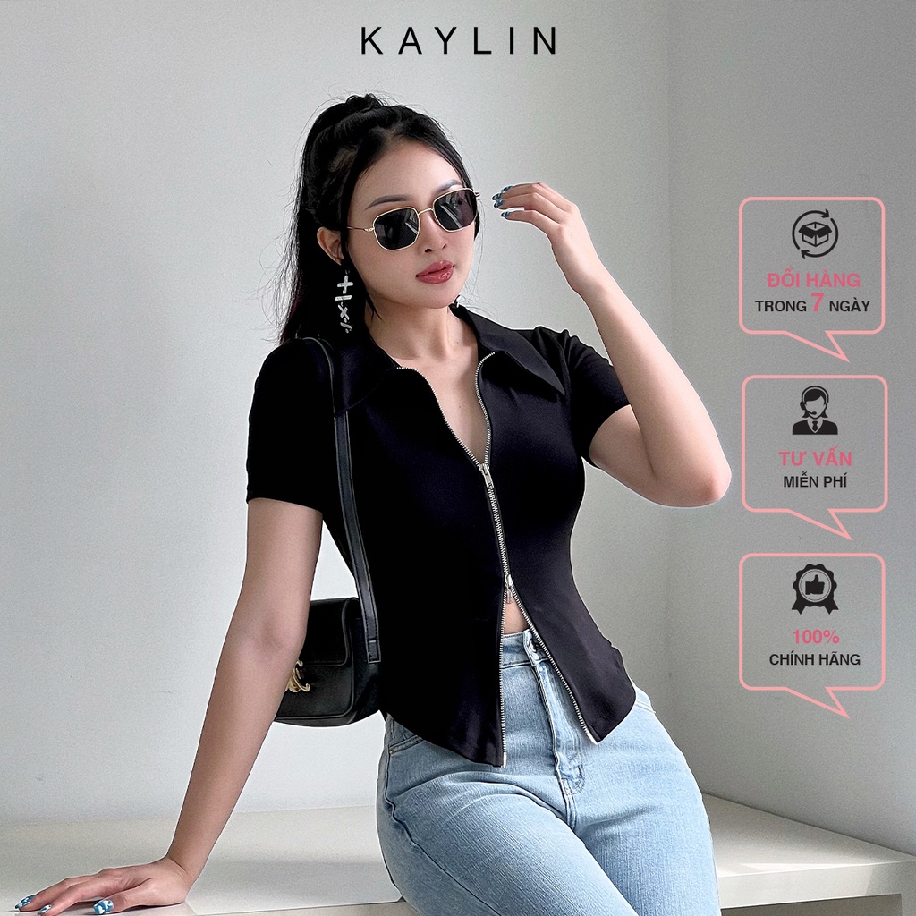 Áo thun croptop ôm có cổ và dây kéo 2 đầu N1770 - KAYLIN