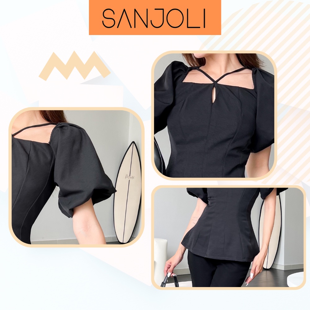 Áo Tay Bồng SANJOLI Áo Công Sở Nữ Thiết Kế Cổ Vuông Dáng Xòe Đan Chéo Ngực Dây Buộc Phong Cách Công Sở AO018