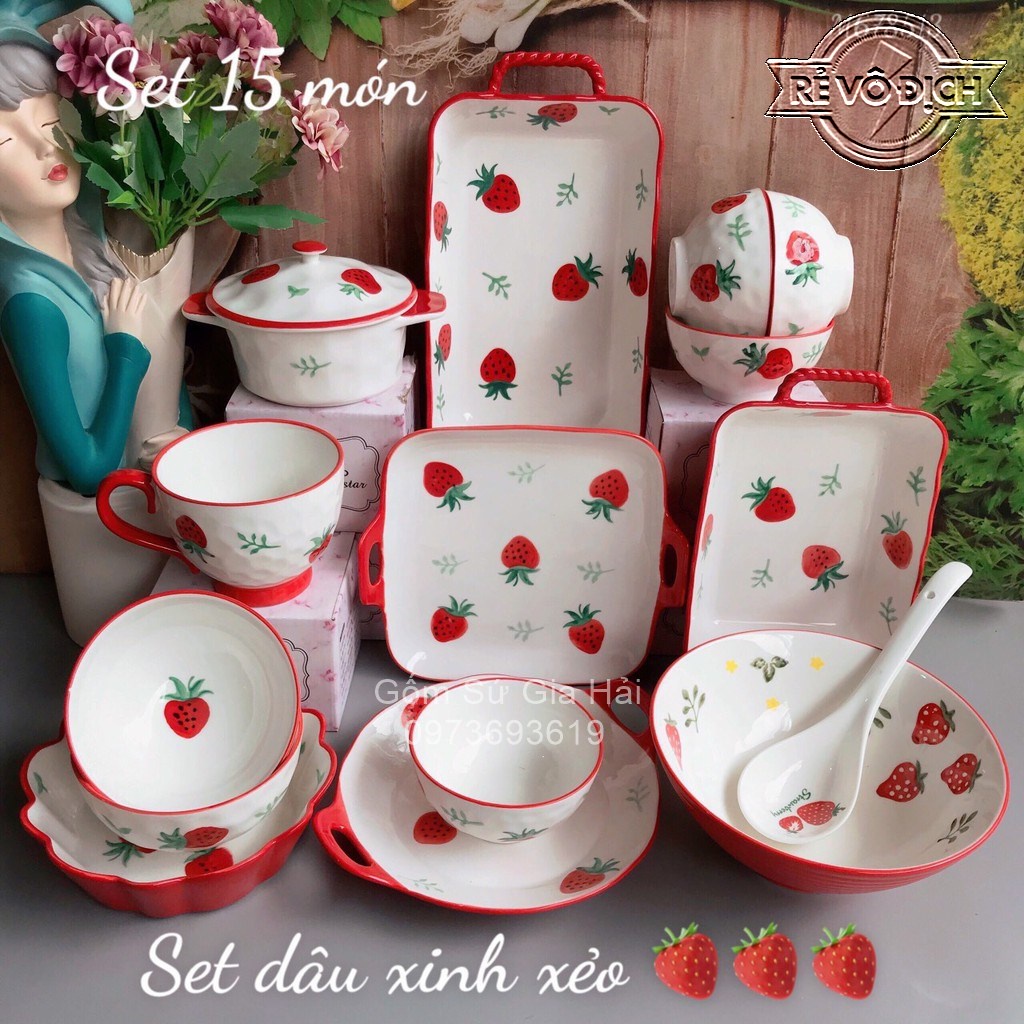 Bộ bát đĩa dâu tây phong cách Châu âu xinh xẻo