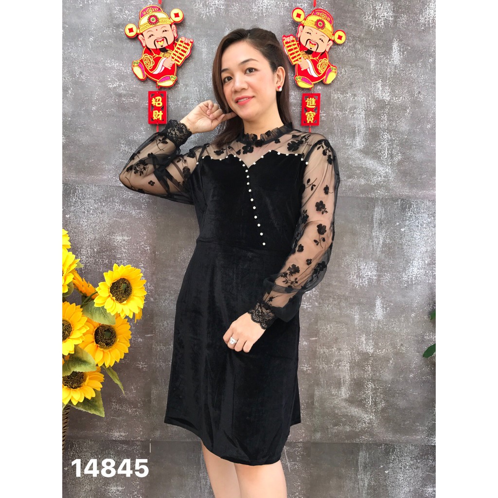 14845 -Đỏ- 3x, Đen - 4x - Đầm BIG SIZE nhung tay lưới hoa đính đá  - DN<130 - Tiệc tiec