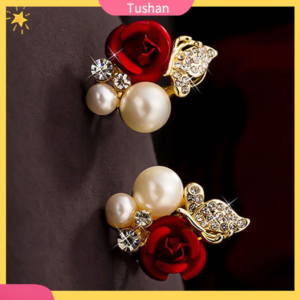 Bông tai hình hoa hồng đính ngọc trai giả thời trang