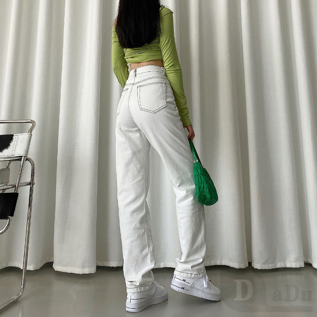 Daduhey Quần Jeans Dài Lưng Cao Ống Rộng Thời Trang Hàn Cá Tính Cho Nữ