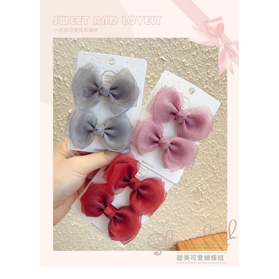 Set 2 chiếc kẹp tóc, dây buộc tóc cho bé gái hình nơ lưới nhiều màu, phụ kiện thời trang cho trẻ em phong cách Hàn Quốc