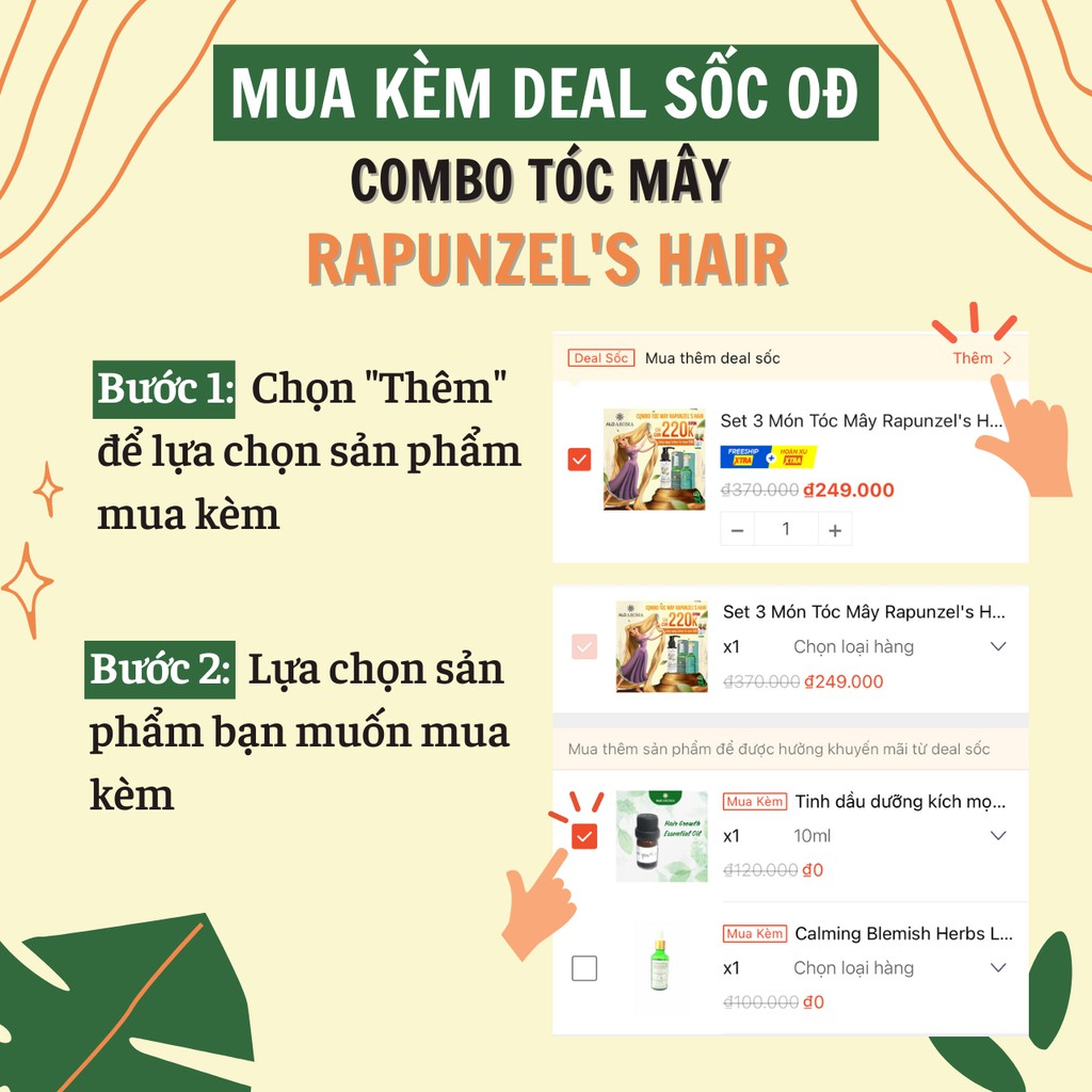 Set 3 Món Tóc Mây Rapunzel's Hair - Xịt Tóc Hoa Bưởi, Xịt Thảo Dược Version 2, Dầu Gội Đầu Thiên Nhiên - AloAroma 100ml