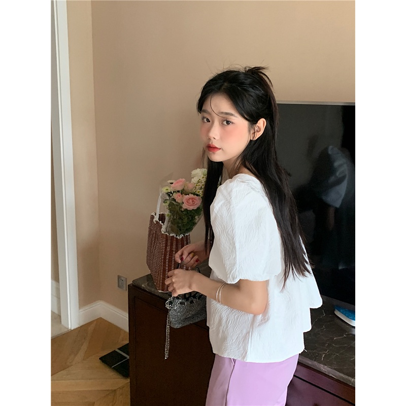 Áo babydoll tay phồng cổ vuông dày dặn phong cách hàn quốc dễ thương