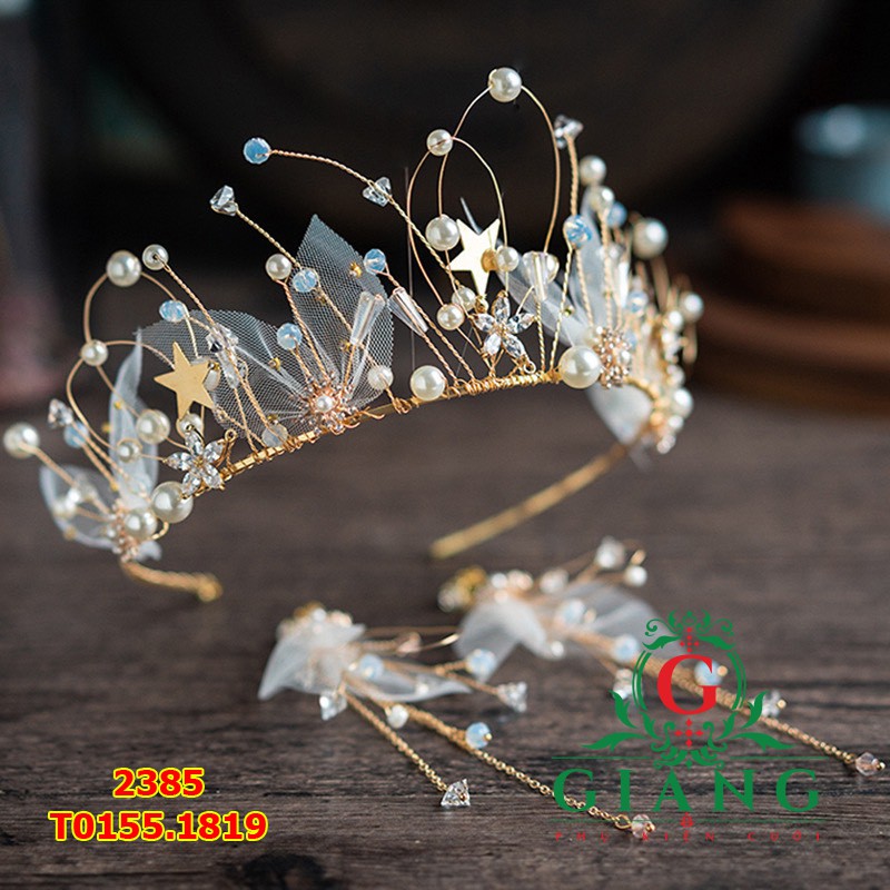Vương miện cô dâu mềm hạt trai kèm bông tai giangpkc sp002897