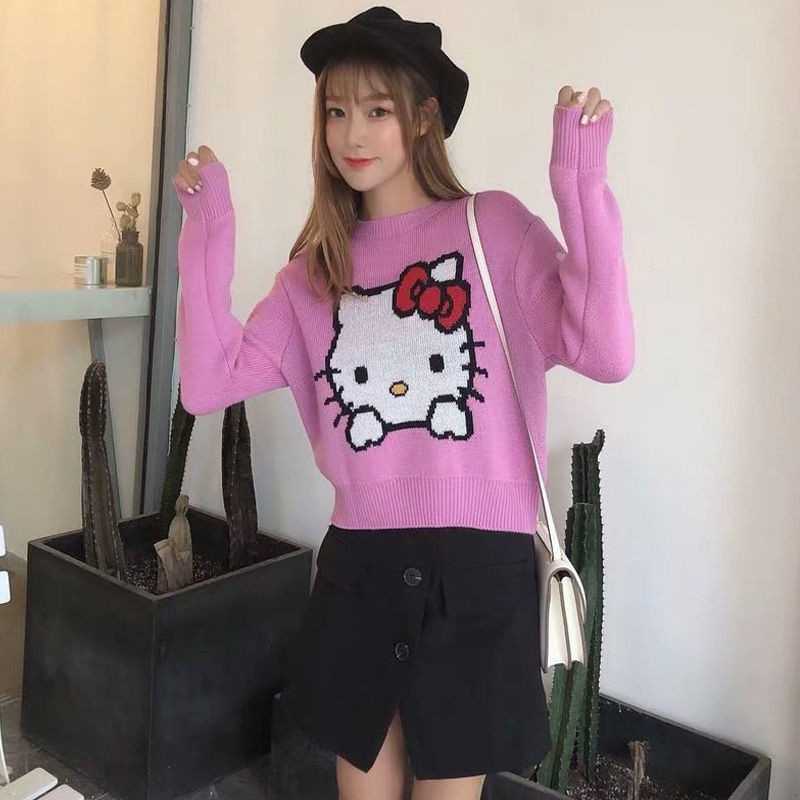 Hellokitty Áo Sweater Tay Dài Cổ Tròn In Hình Hello Kitty Đáng Yêu Cho Nữ