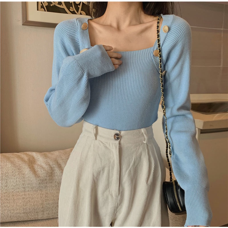 Áo dệt kim tay dài cổ vuông phối hàng nút phong cách Hàn Quốc