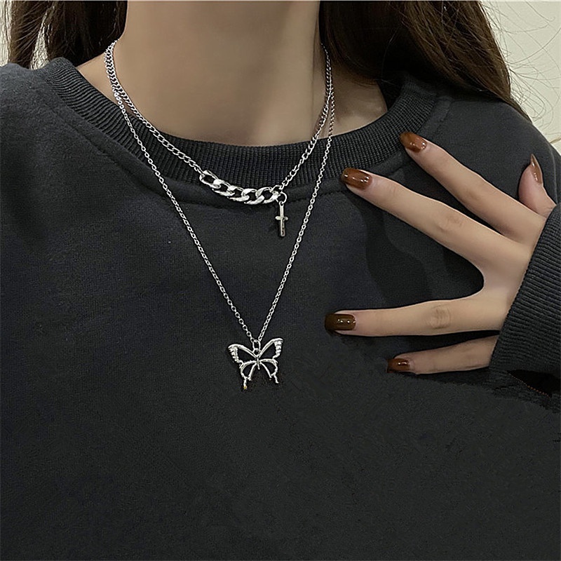 Vòng Cổ Choker Màu Bạc Mặt Bướm Phong Cách Hip hop Cá Tính