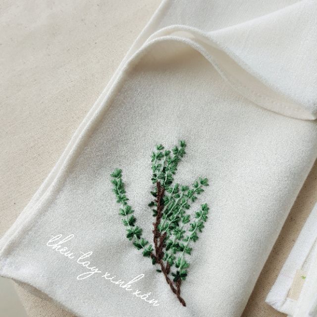 Bộ khăn ăn linen premium thêu lá thảo mộc