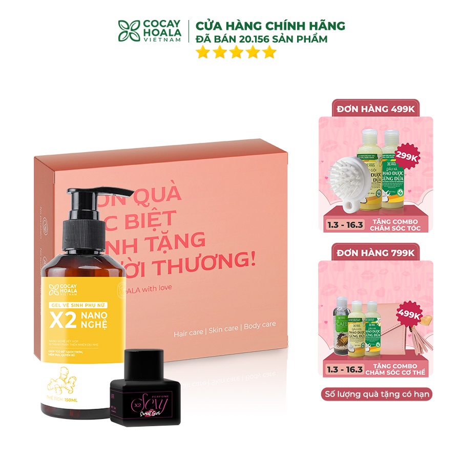 Combo chăm sóc &quot; cô bé &quot; Gel dung dịch vệ sinh X2 Nano nghệ 150ml Nước hoa vùng kín 5ml Cocayhoala