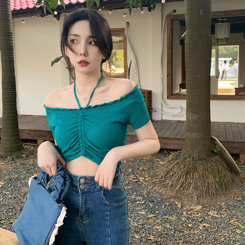 Áo Thun Croptop Dệt Kim Tay Ngắn Hở Rốn Phối Dây Rút Phong Cách Hàn Quốc Quyến Rũ Cho Nữ