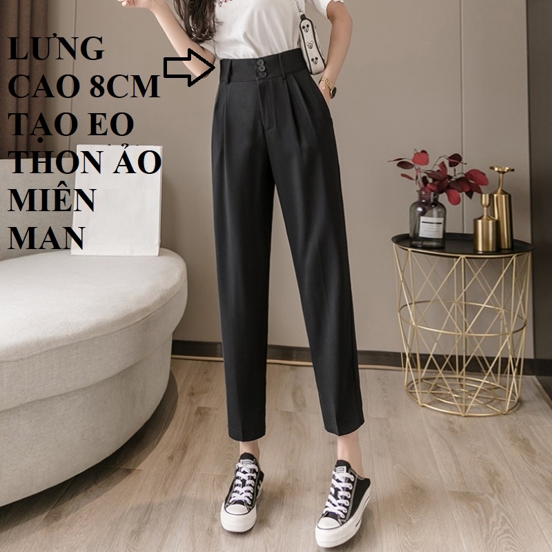 Quần Baggy Lưng Cao 8cm 3 Cúc, Đằng Sau là Lưng Chun giúp Vận Động Thoải mái kể cả Bụng Lớn, Chất Vải Tuyết Mưa Chuẩn