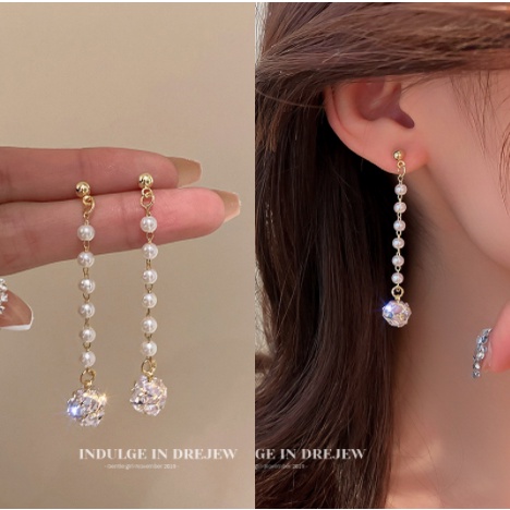 Bông Tai Mạ Bạc 925 Hình Nơ Đính Ngọc Trai Dáng Dài Phong Cách Hàn Quốc Thời Trang Cho Nữ