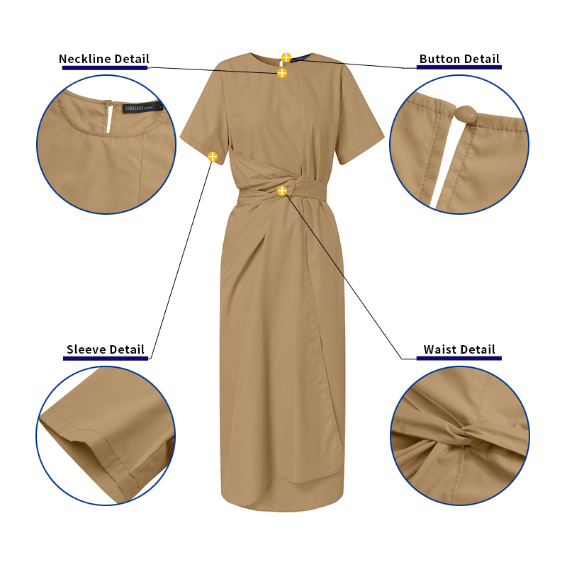 ZANZEA Womens Casual Short Sleeve Solid Pleated Slim Maxi Shirt Dress